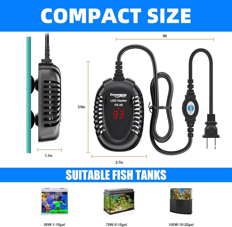 FREESEA Aquarium Fish Tank Heater: 75W Small Submersible Turtle Heater with Adjustable Temperature External Controller for Betta | Saltwater | Freshwater | 5-15 Gallon - Image 4